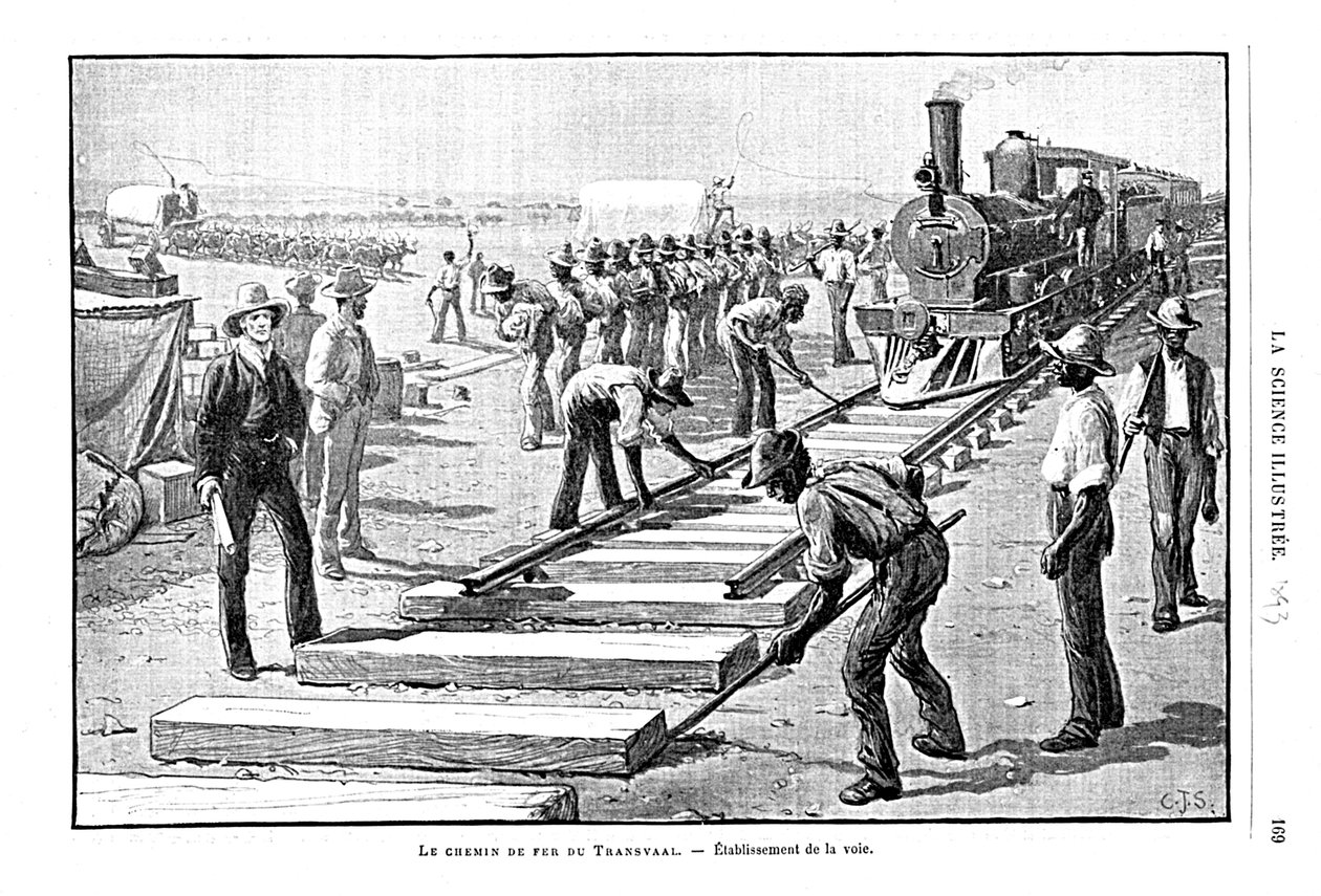 Fastlægning af sveller og skinner på Transvaal Railway, Sydafrika, 1893 af Unbekannt