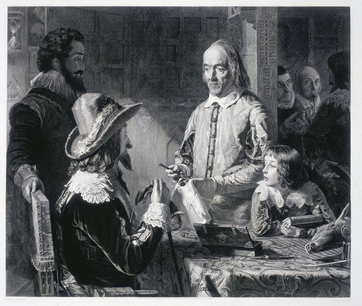 Den engelske læge William Harvey (1578-1637) viser kong Charles I Stuart af England (1600-1649) teorien om blodcirkulation af Unbekannt
