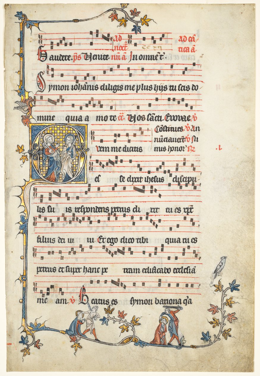 Blad udskåret fra et antifonarium: Indledende Q med de hellige Peter og Paul, ca. 1325. af Unbekannt