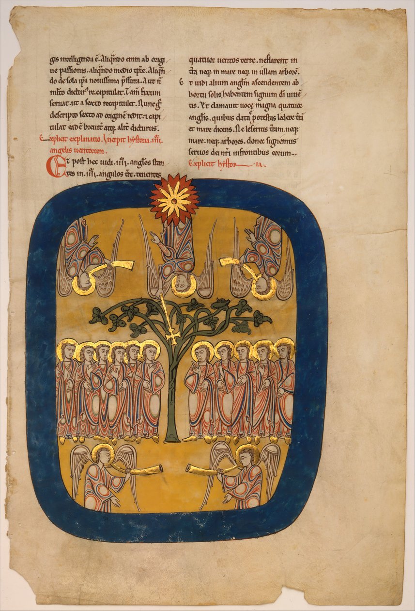 Blad fra et Beatus-manuskript: Angels Restrain the Four Winds..., ca. 1180. af Unbekannt