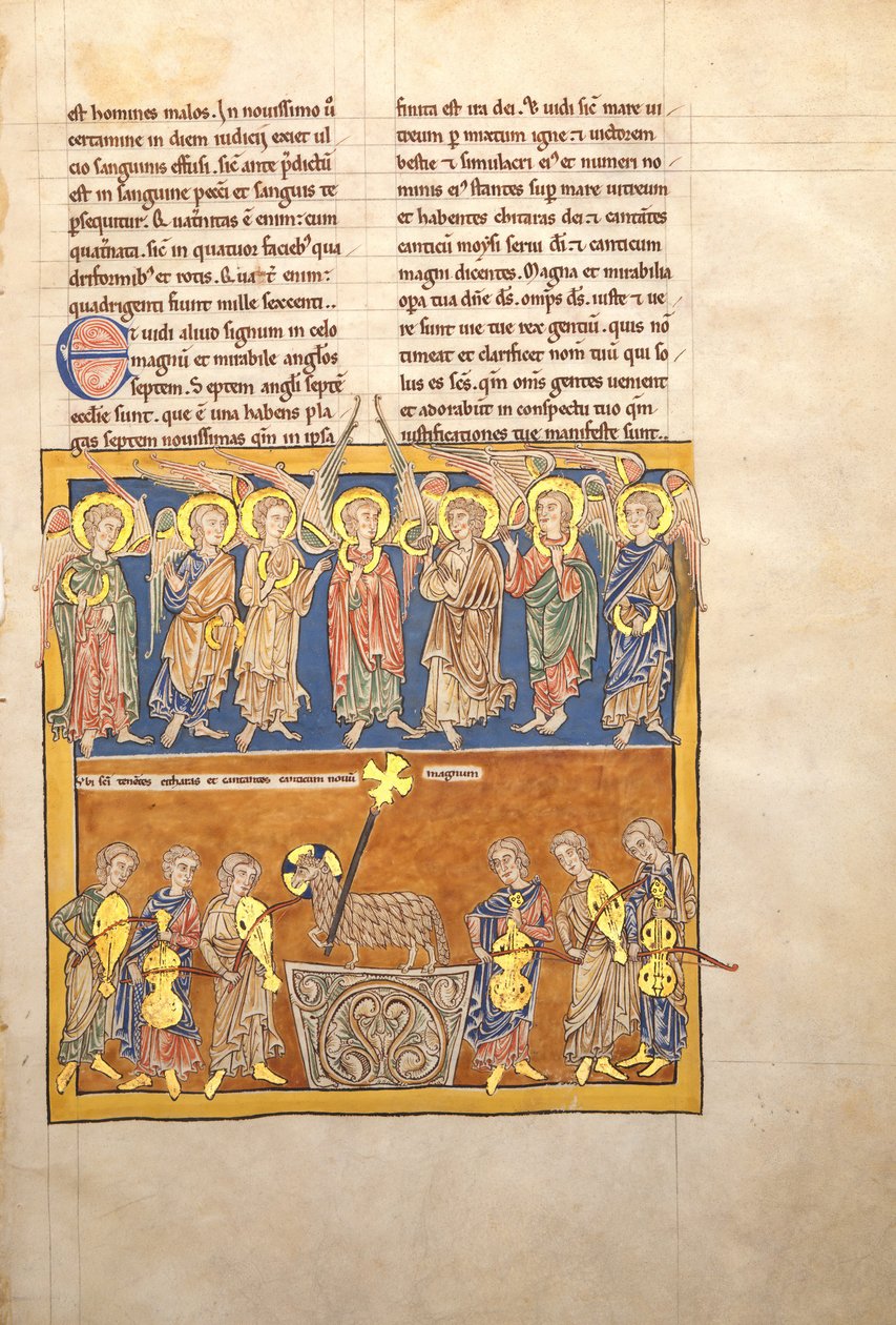Blad fra et Beatus-manuskript: Syv engle holder bægre med de syv sidste plager.., ca. 1180. af Unbekannt