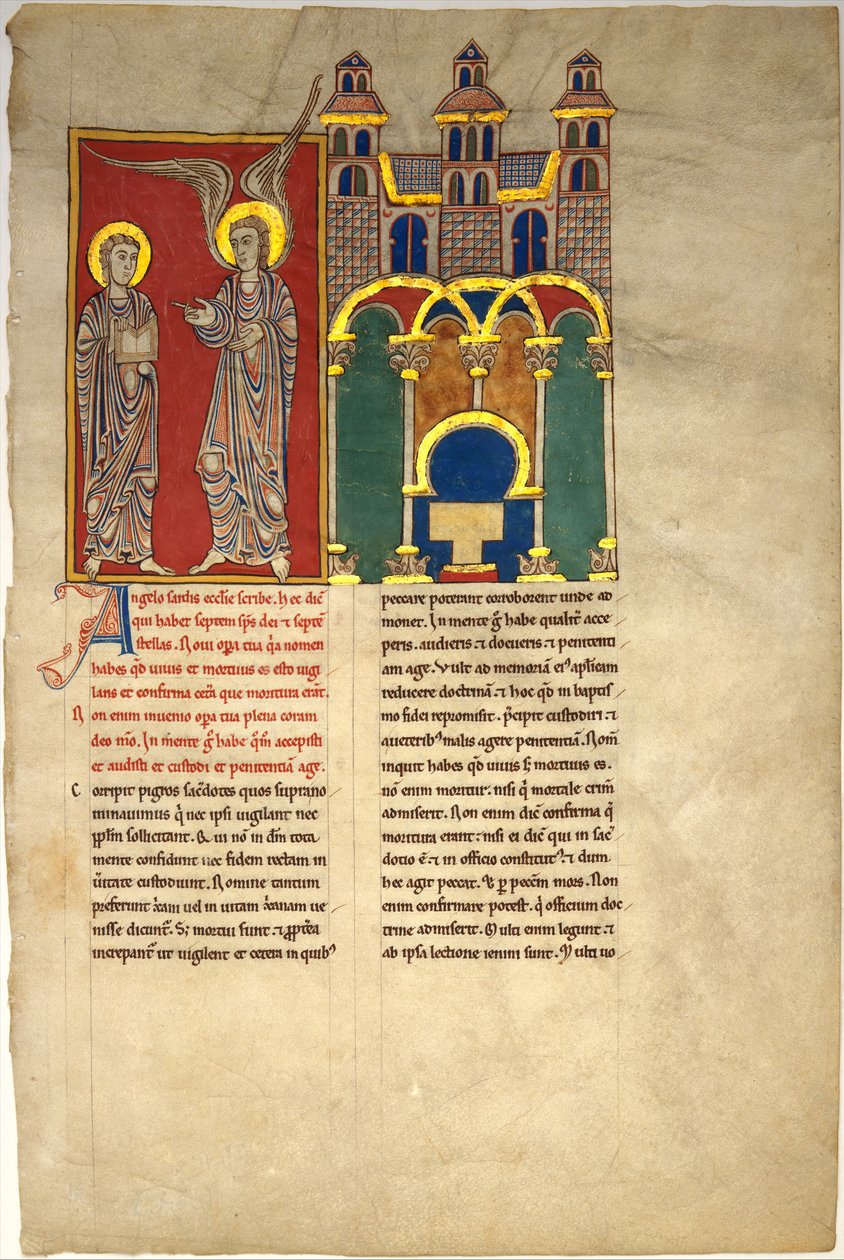Blad fra et Beatus-manuskript: Sardes-kirkens engel med Johannes, ca. 1180. af Unbekannt