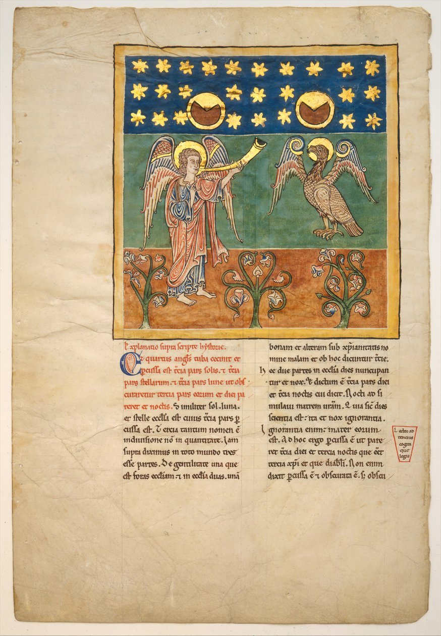 Blad fra et Beatus-manuskript: den fjerde engel lyder trompeten og en ørn..., ca. 1180. af Unbekannt