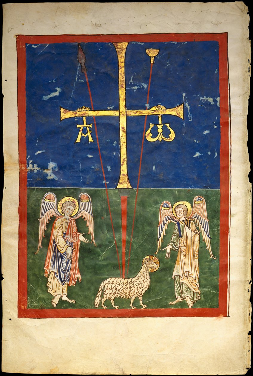 Blad fra et Beatus-manuskript: Lammet ved korsets fod, flankeret af to engle..., c1180. af Unbekannt