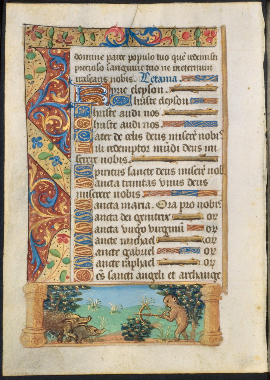 Leaf from a Book of Hours: Ape Jagt Vildsvin recto og Ape Fishing verso, ca. 1500-1510. af Unbekannt