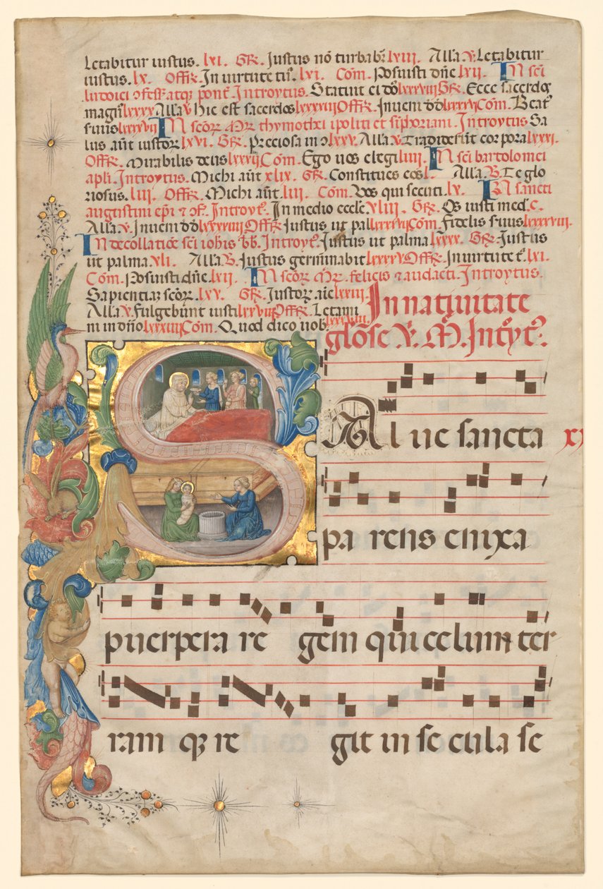 Blad fra en Gradual: Historieret initial S[alve Sancta Parens] med Jomfru rectos fødsel, ca. af Unbekannt