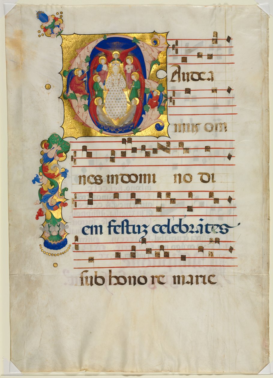 Blad fra en gradual med historisk begyndelses-G: Mary som himlens dronning, ca. 1425-1450. af Unbekannt
