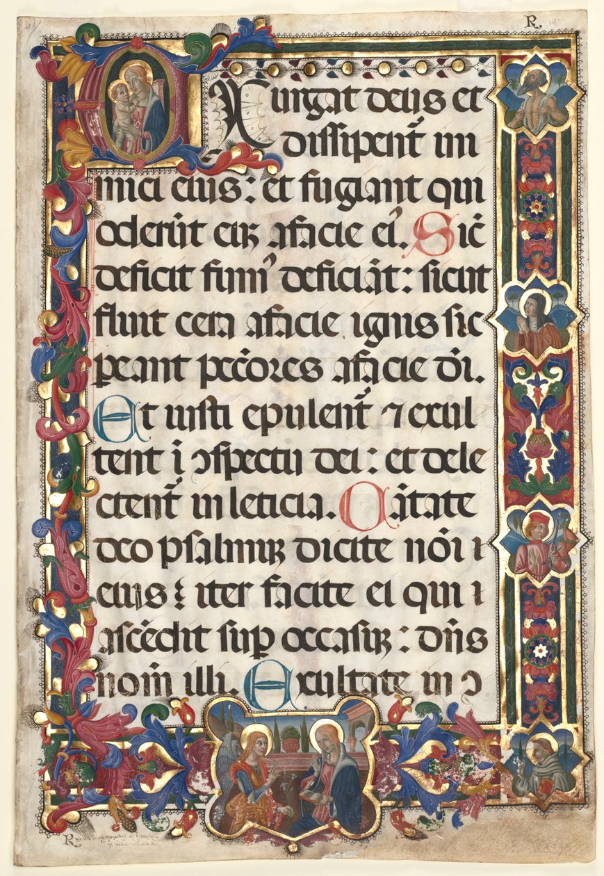 Blad fra en Psalter med fuld kant med Medaljoner Annunciation, SS. Jerome, Clare..., 1475. af Unbekannt