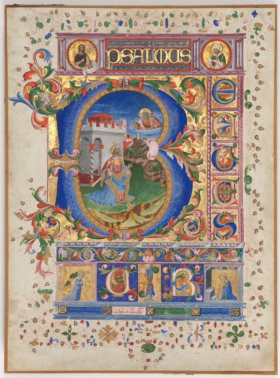 Blad fra en psalter med historisk initial B: Kong David, ca. 1450. af Unbekannt