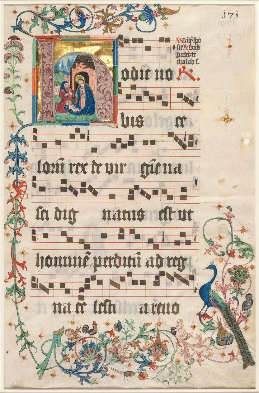 Blad fra et antifonarium: Initial H med Nativity recto, ca. 1480. af Unbekannt