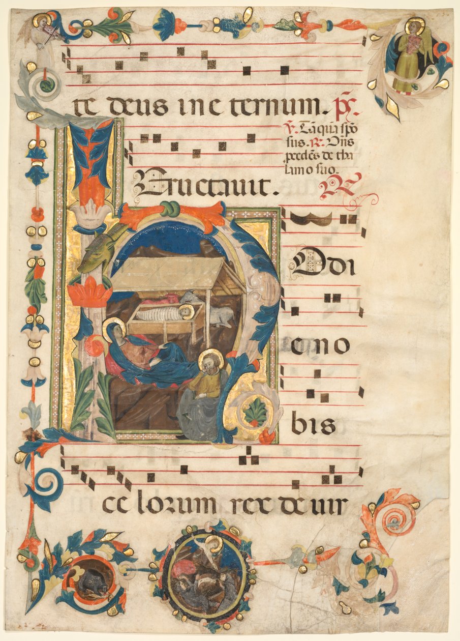 Blad fra et antifonarium med historisk initial H med The Nativity recto, begyndelsen af 1300-tallet. af Unbekannt