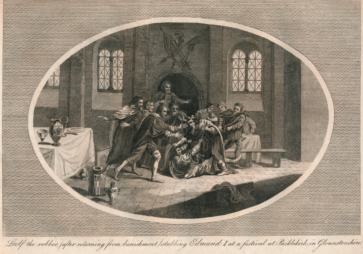 Røveren Leofa stikker Edmund I ved en festival i Pucklekirk, Gloucestershire 946 1793 af Unbekannt