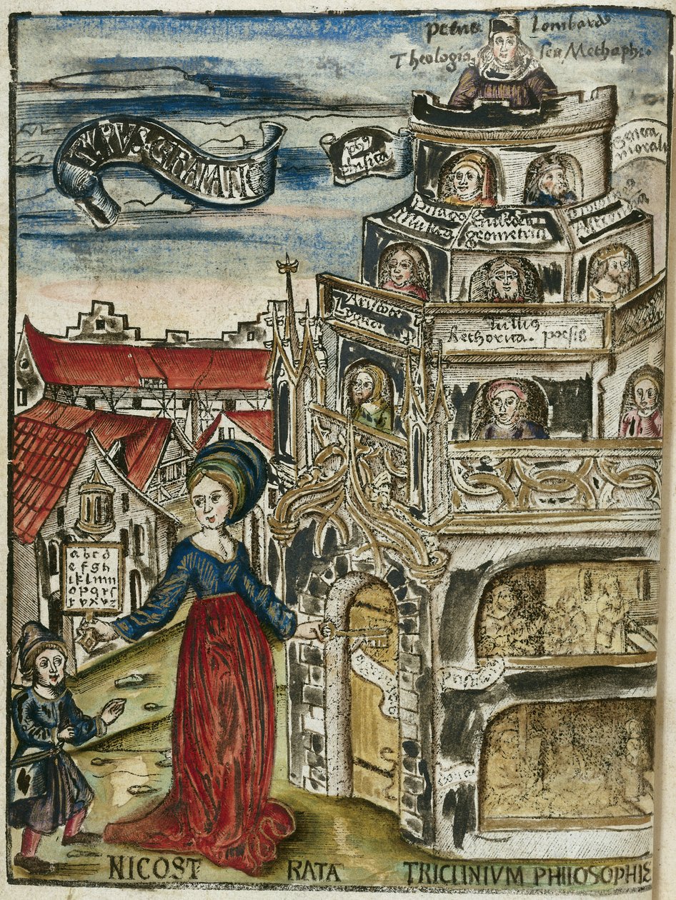 Den liberale kunst, grammatik: Nicostrata (kaldet Carmenta), holder en hornbog, undervisningsvejledning (her en alfabetbog) og en nøgle, der åbner døren til læringstårnet for et barn af Unbekannt