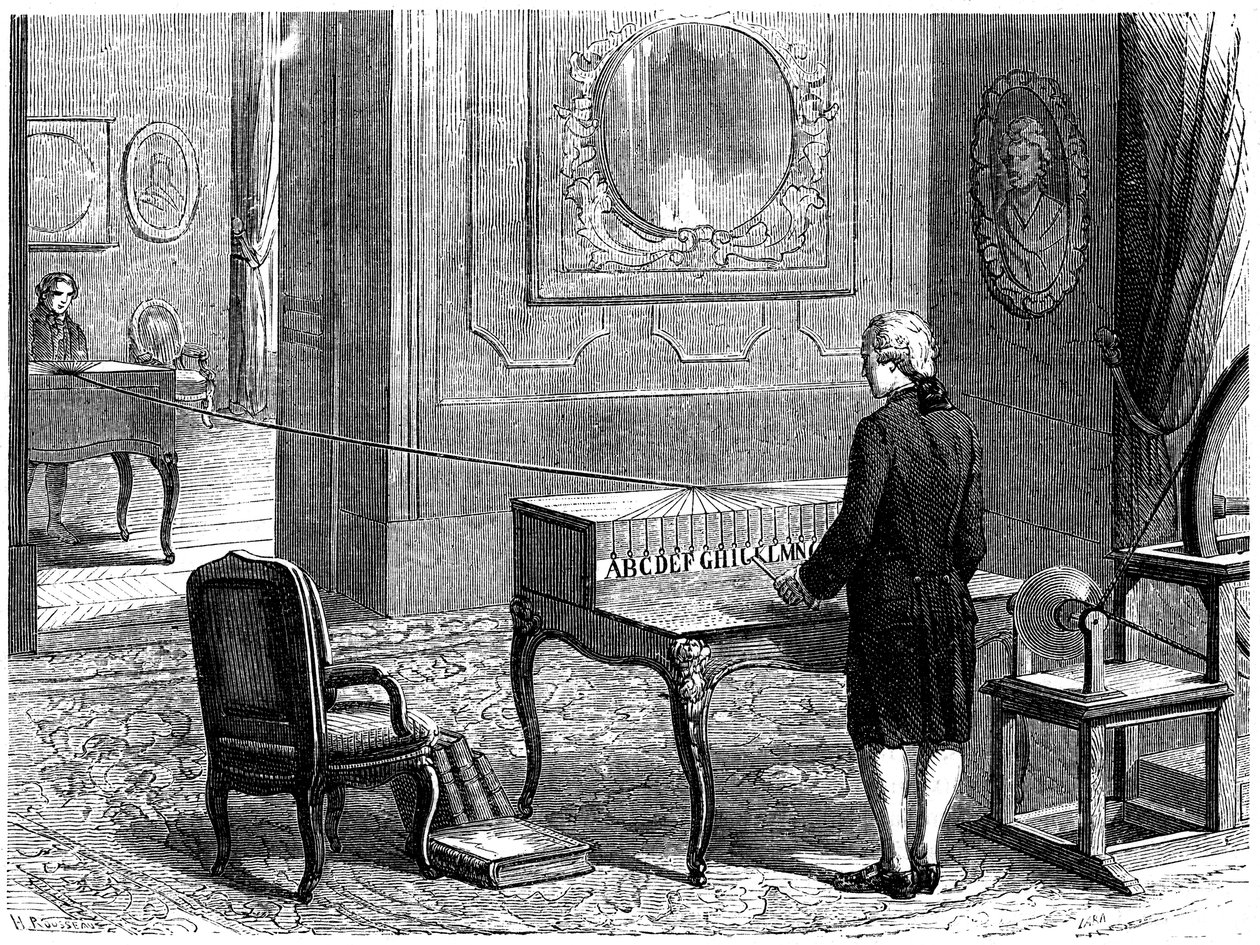 Lesage eksperimenterer med den første elektriske telegraf, Genève, 1774 c1870 af Unbekannt