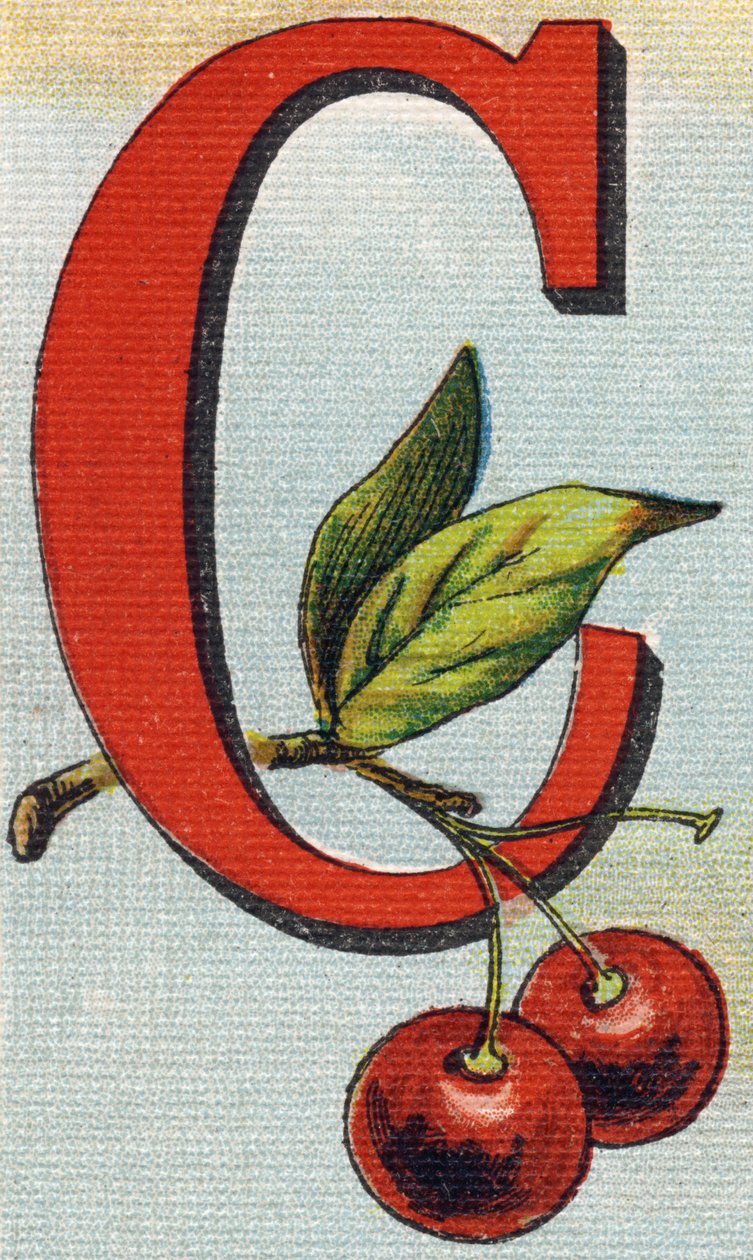 Bogstav C: kirsebær. Indgravering i "Alphabet de ma petite fille". Bernardin-Bechet og Fils, boghandler-forlag, Paris, omkring 1895. Ubrydeligt album på lærred. Bibliotheque des Bebes. 12 sider. Album indeholdende en læsemetode og en illustrativ abbece af Unbekannt
