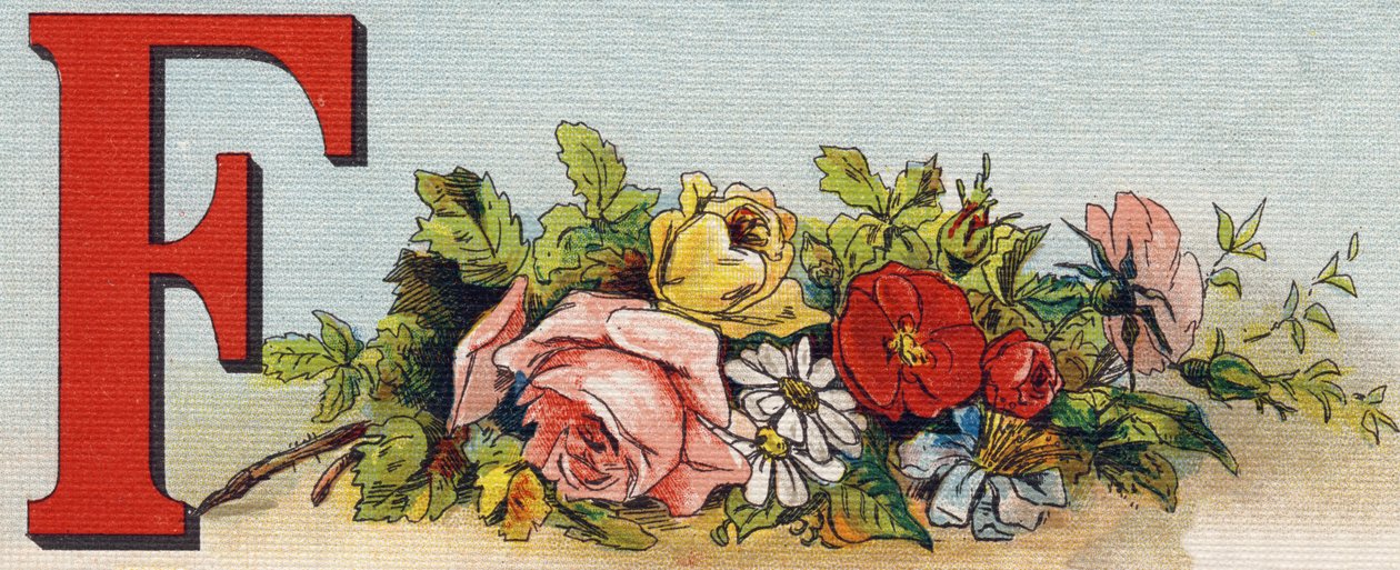 Bogstav F: blomster. Indgravering i "Alphabet de ma petite fille". Bernardin-Bechet og Fils, boghandler-forlag, Paris, omkring 1895. Ubrydeligt album på lærred. Bibliotheque des Bebes. 12 sider. Album indeholdende en læsemetode og en illustrativ abeced af Unbekannt