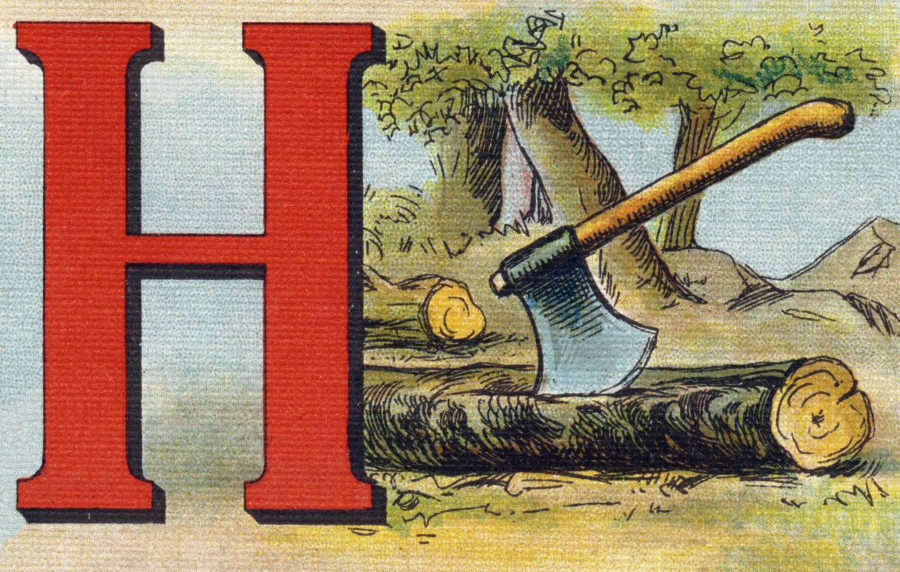 Bogstav H: økse. Indgravering i "Alphabet de ma petite fille". Bernardin-Bechet og Fils, boghandler-forlag, Paris, omkring 1895. Ubrydeligt album på lærred. Bibliotheque des Bebes. 12 sider. Album indeholdende en læsemetode og et illustrativt abecedary. af Unbekannt