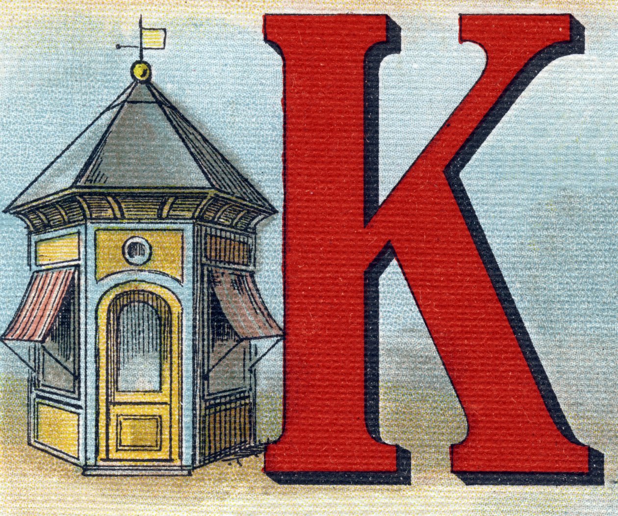 Bogstav K: kiosk. Indgravering i "Alphabet de ma petite fille". Bernardin-Bechet og Fils, boghandler-forlag, Paris, omkring 1895. Ubrydeligt album på lærred. Bibliotheque des Bebes. 12 sider. Album indeholdende en læsemetode og en illustrativ abecedar af Unbekannt