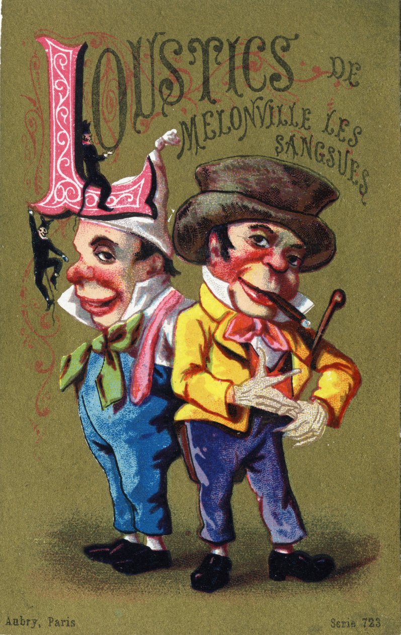 Bogstav L: Melonville Loustics igler. Indgravering i "Alphabet des grotesques". Serie af 25 reklamekromolitografier på en dore baggrund, slutningen af det 19. århundrede. Mål: 11x7 cm af Unbekannt