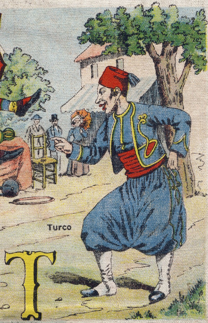 Bogstav T: Turco . Drolatic album. Serie nummer 4 i Albums-chromo på lærred. Kromolitografier på væv. Billeddannelse af Marcel Vagne, Jarville-Nancy, begyndelsen af det 20. århundrede. Mål: 25x17,5 cm af Unbekannt