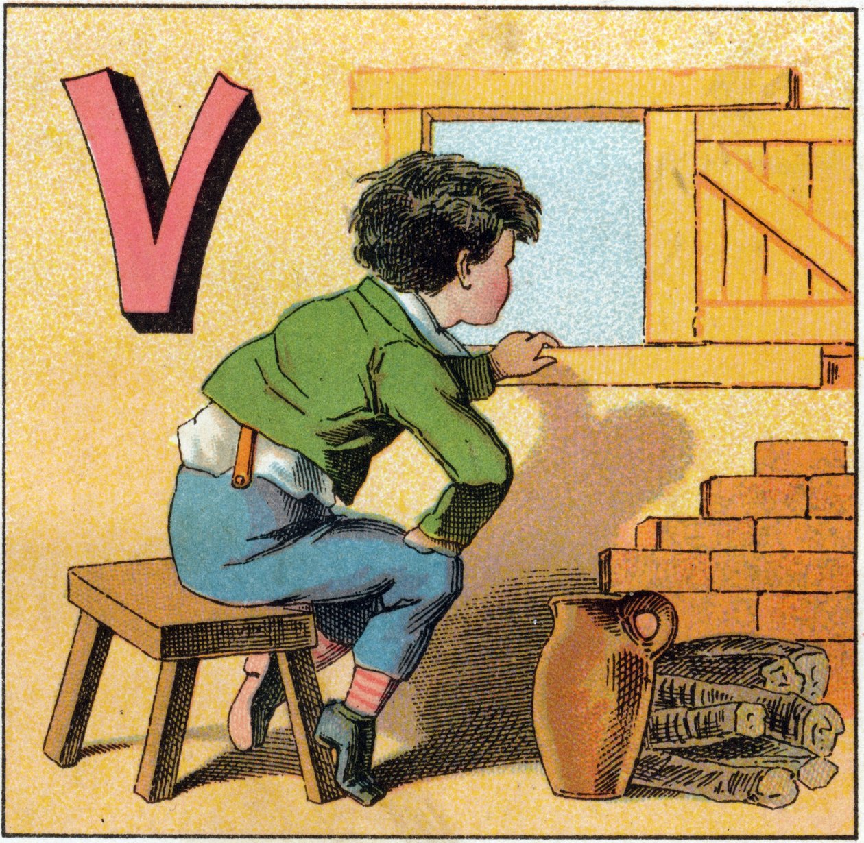 Bogstav V som vasistas. Nysgerrigt barn kigger ud af et vindue. Indgravering i "Alphabet des petits ecoliers". Billeddannelse af Epinal, ca. 1885. Privee Collection af Unbekannt