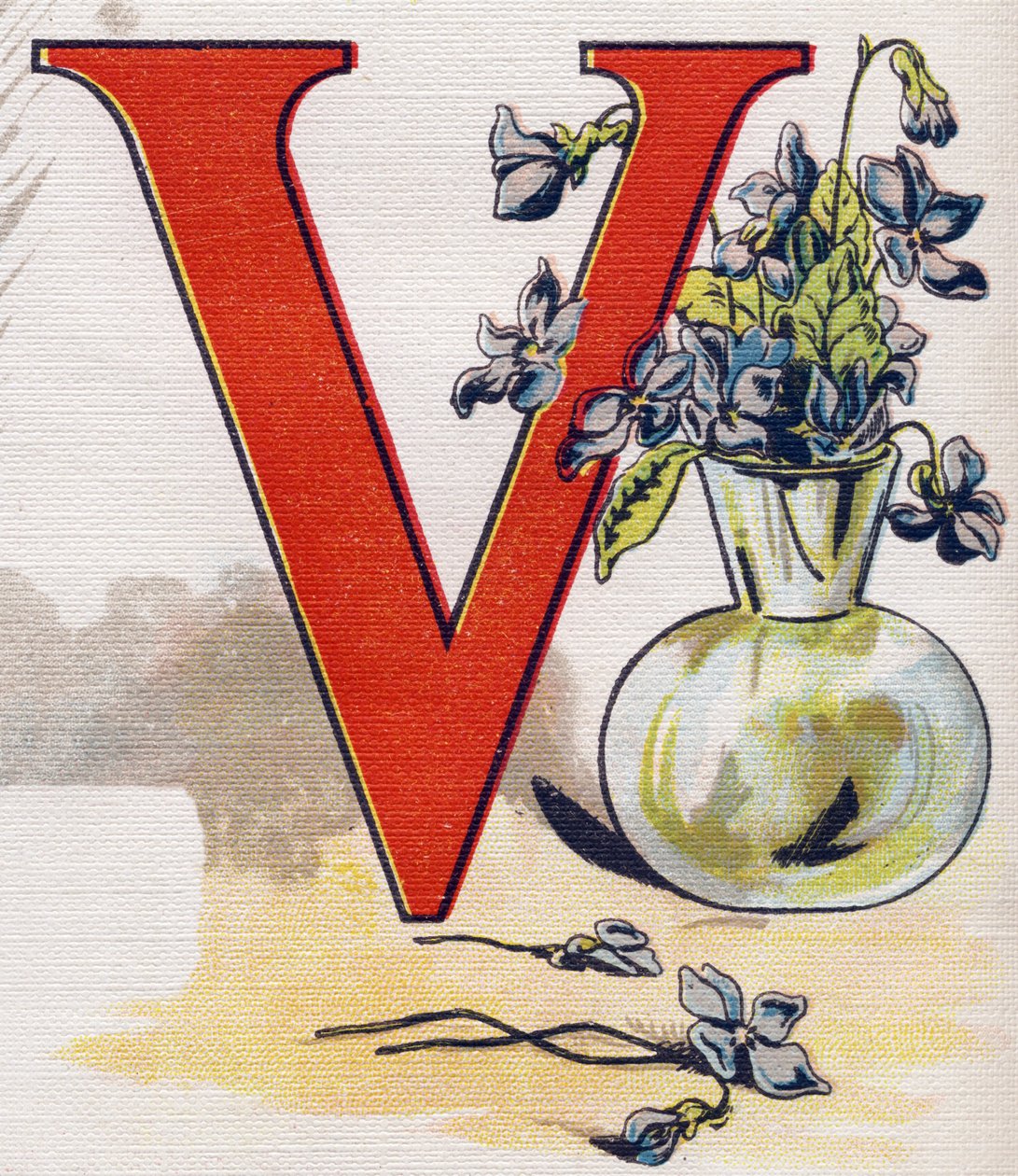 Bogstav V: vase med violer. Indgravering i "ABC L
