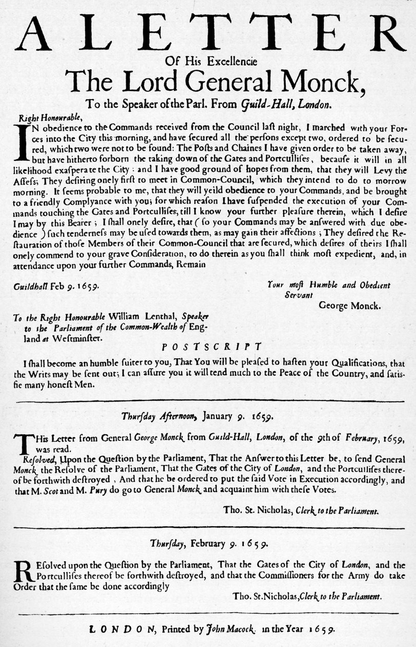 Brev fra General Monck til Formanden for Underhuset, 1659 1903 af Unbekannt