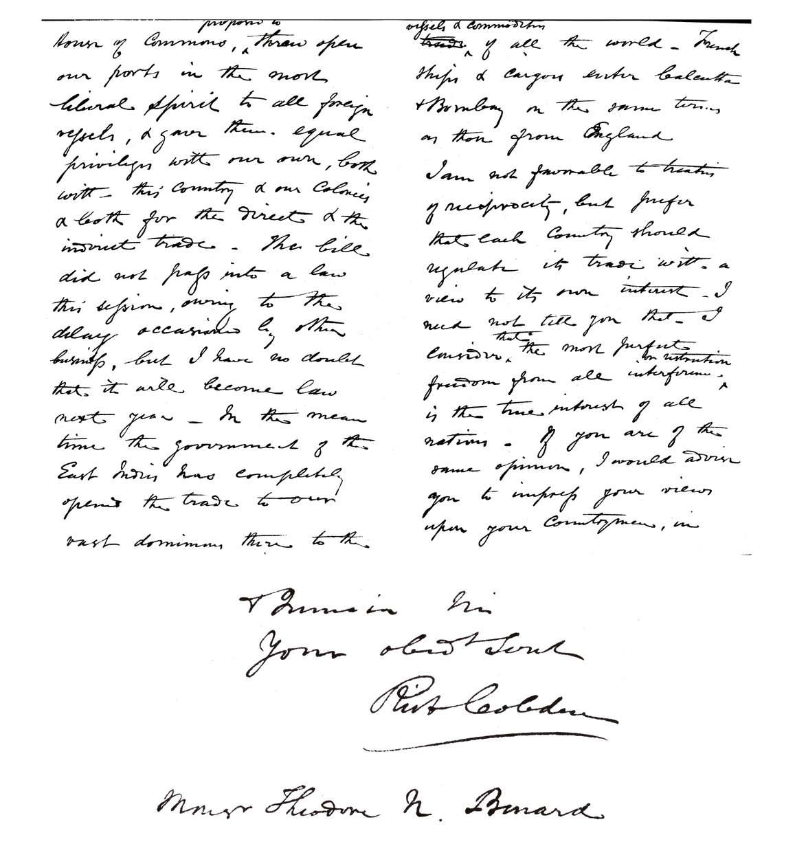 Brev fra Richard Cobden til Theodore Benard om vigtigheden af fri handel mellem alle nationer af Unbekannt