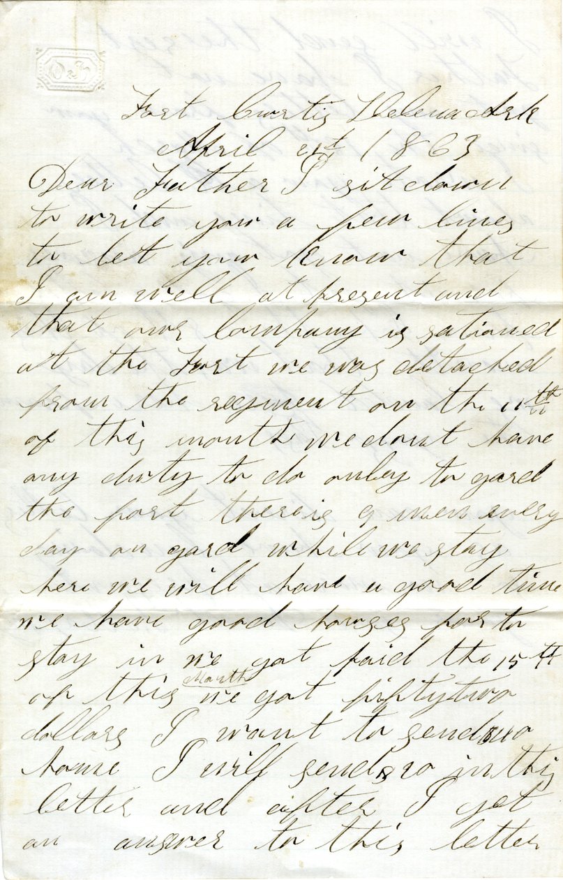 Brev underskrevet David T. Massey, Fort Curtis, Helena, Ark., til sin far (Nathan Massey), 21. april 1863 af Unbekannt