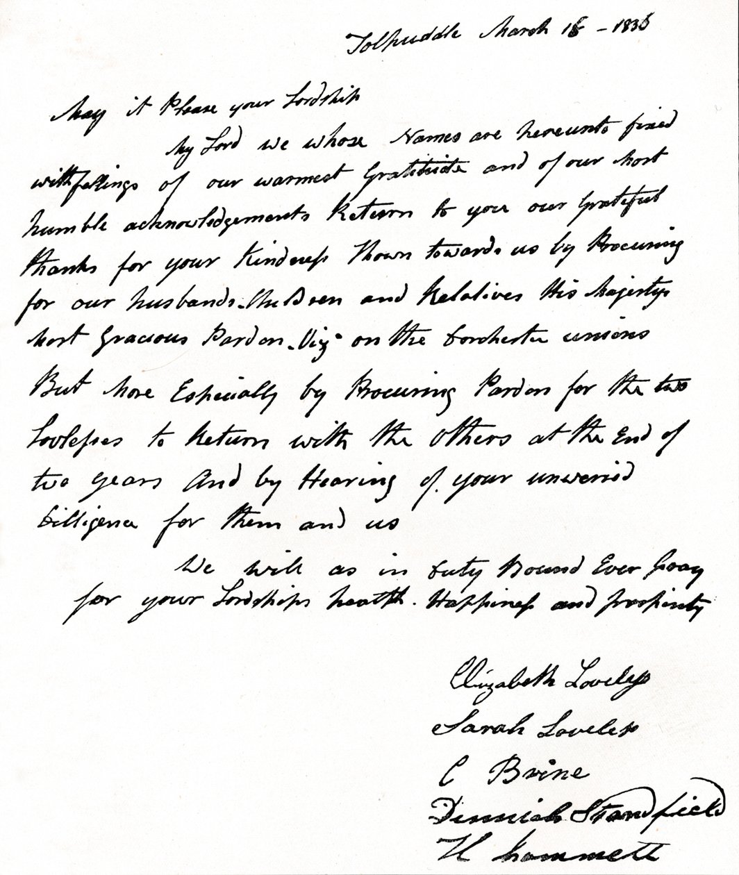 Brev skrevet til indenrigsminister John Russell 1792-1878 af Tolpuddle-martyrernes hustruer, af Unbekannt