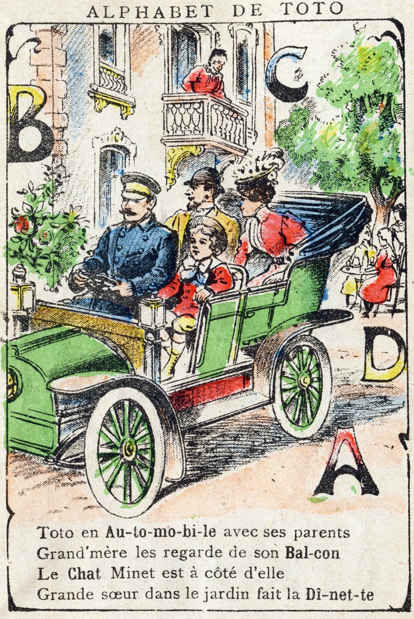 Bogstaver A B C D Bil Altan Kat Dinette. Indgravering i "Alphabet de Toto", slutningen af det 19. århundrede. Pont-a-Mousson billeddannelse. Louis Vagne, trykkeri-udgiver. 12 sider. Annoncealbum indeholdende en berømt abecedary og en forenklet læsemetode.  af Unbekannt