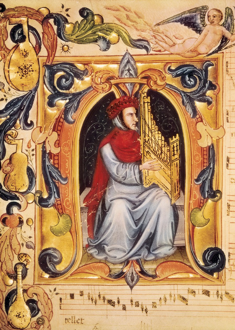 Lettrine med en mand og et orgel begynder et partitur fra Codex Squarcialupi (af Antonio Squarcialupi af Unbekannt
