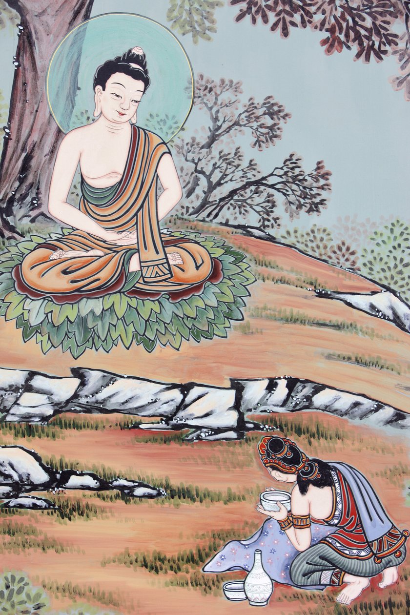 Life of Buddha ung kvinde tilbød den fremtidige Buddha en skål med ris og mælk. Han tog imod det, genoprettede sin styrke og begyndte sin praksis på ny, Seoul, Coree du Sud af Unbekannt