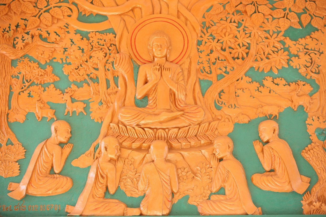 Buddhas liv. Buddha med sine 5 disciple i Benares Phnom Penh Cambodia af Unbekannt