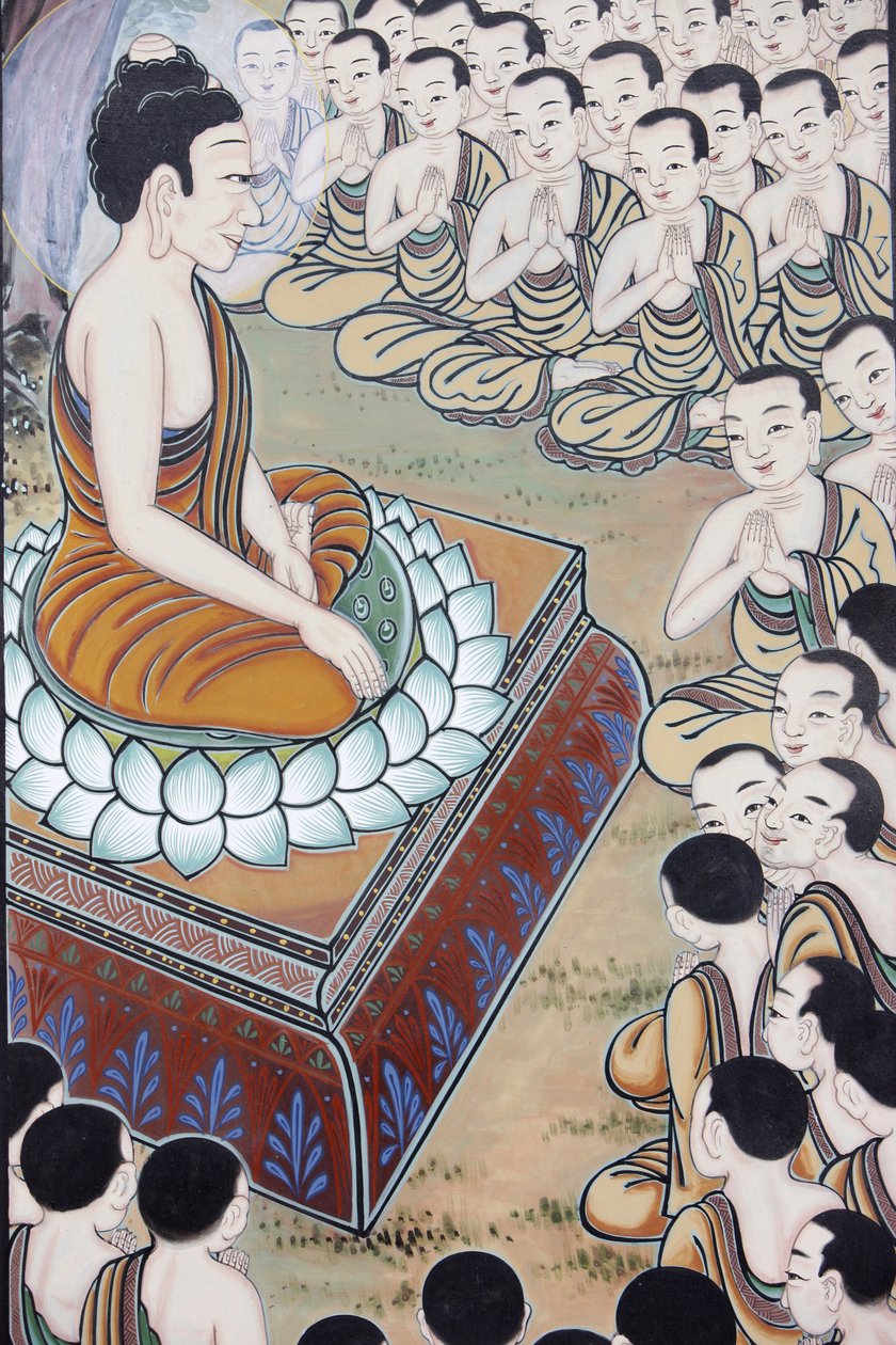 Buddhas liv Buddha fik mange tilhængere Ved en lejlighed samledes 1250 munke spontant for at høre hans lære (Denne dag mindes som en helligdag i buddhistiske lande.), Seoul, Coree du Sud af Unbekannt
