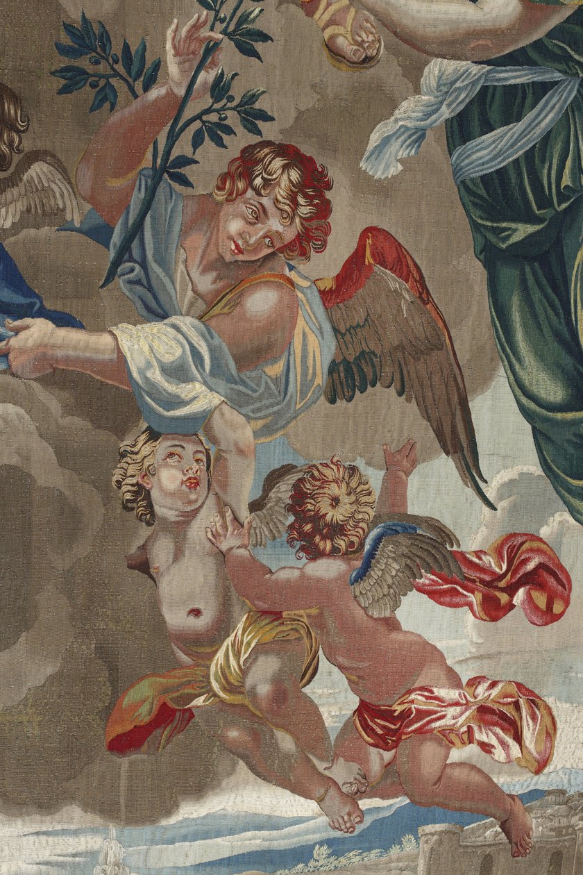 Jomfruens liv: "Jomfruens kroning"" (Jomfruens kroning) Detalje af engletapet af uld og silke lavet på Pierre Damours værksted efter tegninger af Charles Poerson (1609-1667) af Unbekannt