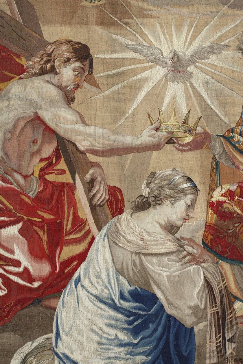 Jomfruens liv: "Jomfruens kroning" Detalje, der forestiller Jesus og Helligåndens Due (Helligånden) over Jomfruen - Uld og silketæppe lavet i Pierre Damours værksted ud fra Charles Poersons tegninger (1609-1667) af Unbekannt