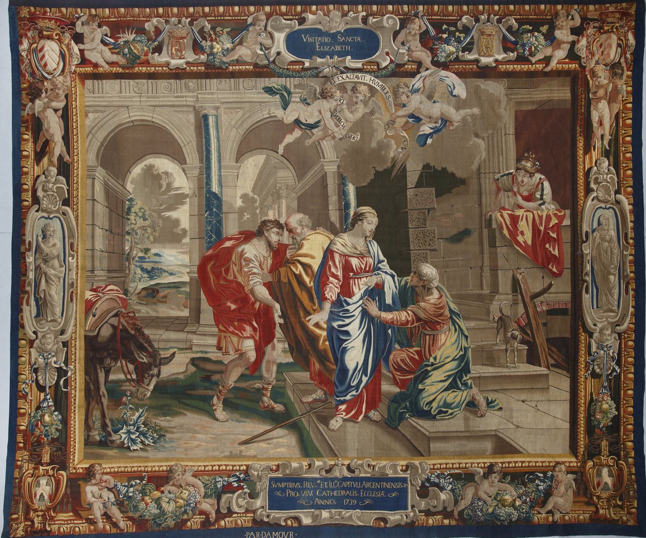 Jomfruens liv: "The Visitation"" Marias besøg hos Elisabeth, Joseph og Zacharie bag dem - Uld og silketæppe lavet i Pierre Damours værksted efter Charles Poersons tegninger (1609-1667) af Unbekannt