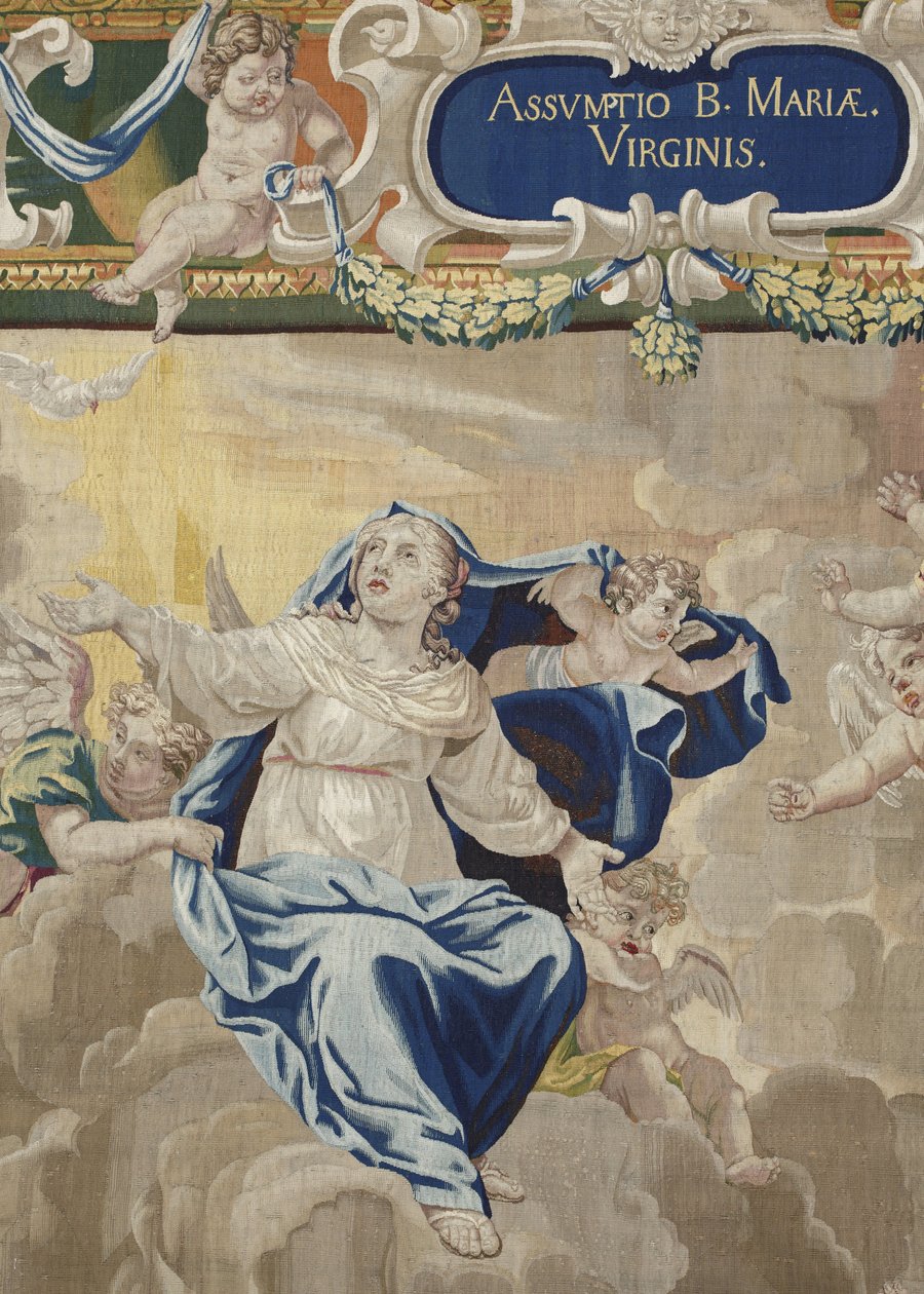 Jomfruens liv: "" antagelsen "" (Antagelsen) Detalje Gobelin af uld og silke lavet på Pierre Damours værksted efter tegningerne af Charles Poerson (1609-1667) af Unbekannt