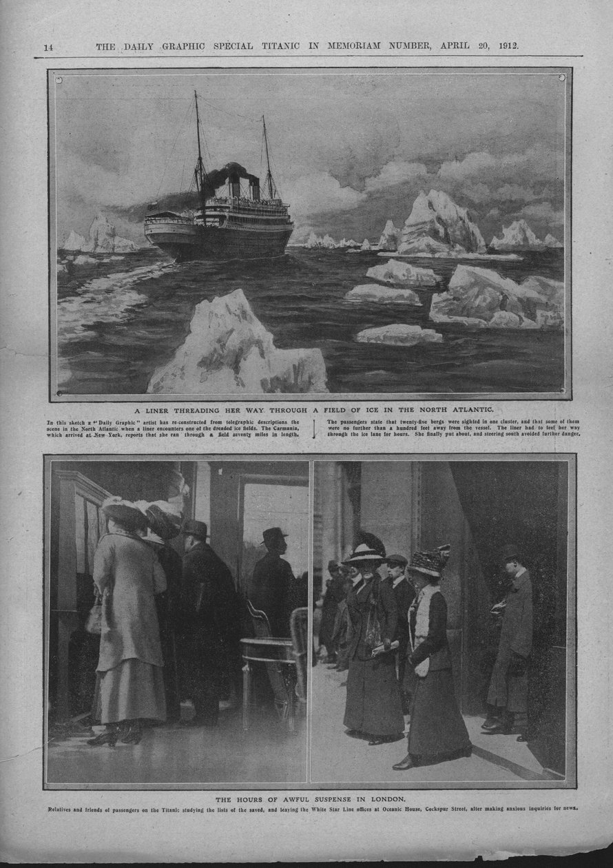 Liner i et isfelt og folk, der venter på nyheder om Titanic-katastrofen, 20. april 1912. af Unbekannt