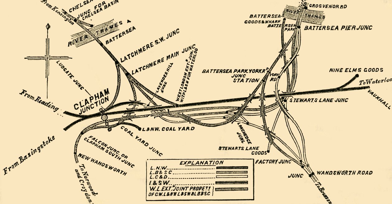 Jernbanelinjer ved Clapham Junction, c1878. af Unbekannt