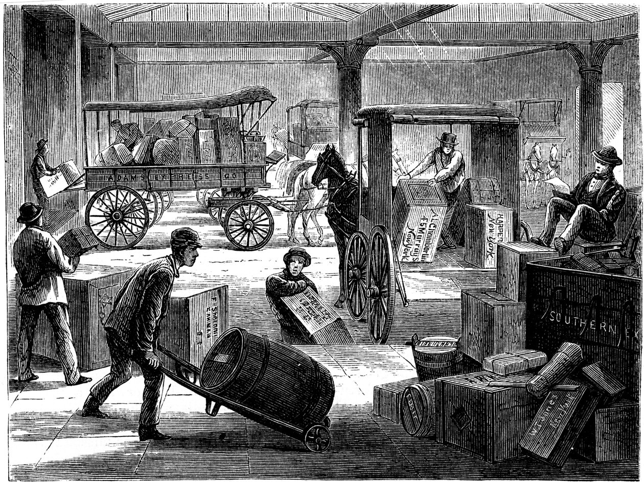 Læsning af hestetrukne varevogne på Wells Fargo generalkontor, New York, USA, 1875 af Unbekannt