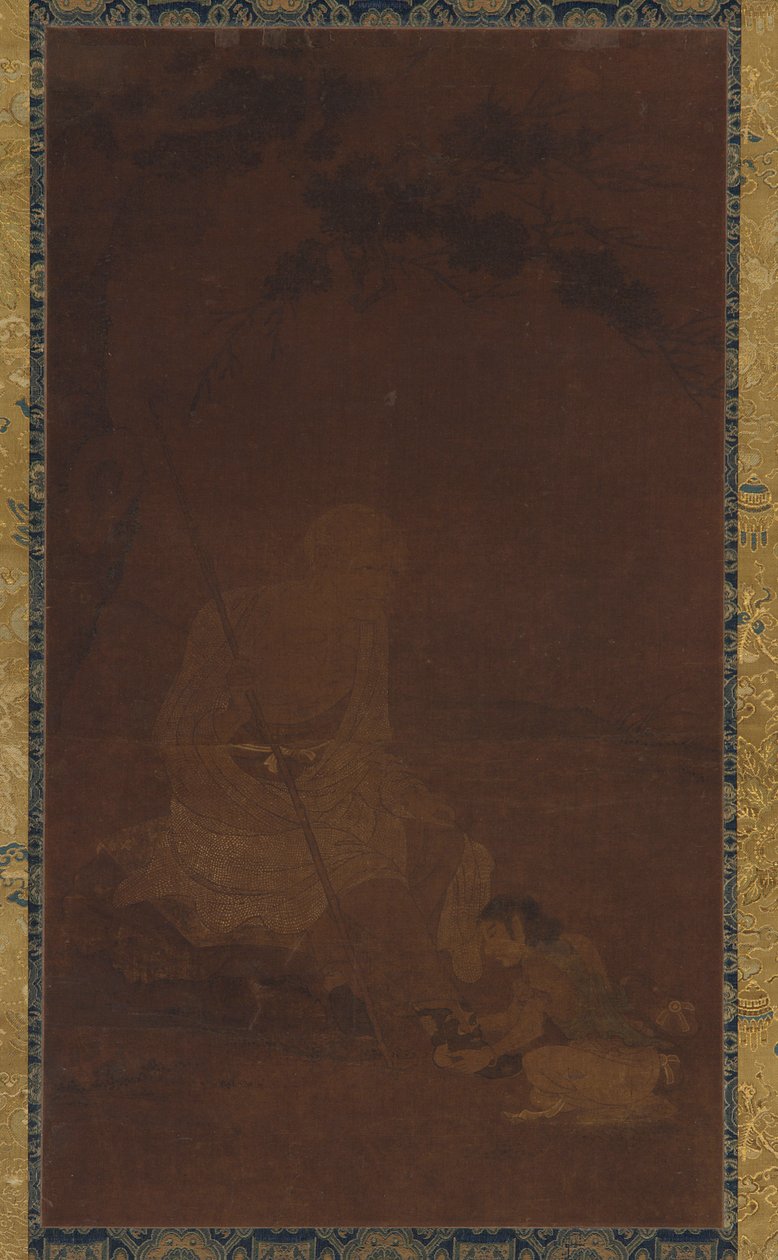 Lohan siddende, en ledsager knælende foran ham, Yuan eller Ming-dynastiet, 1279-1644. af Unbekannt