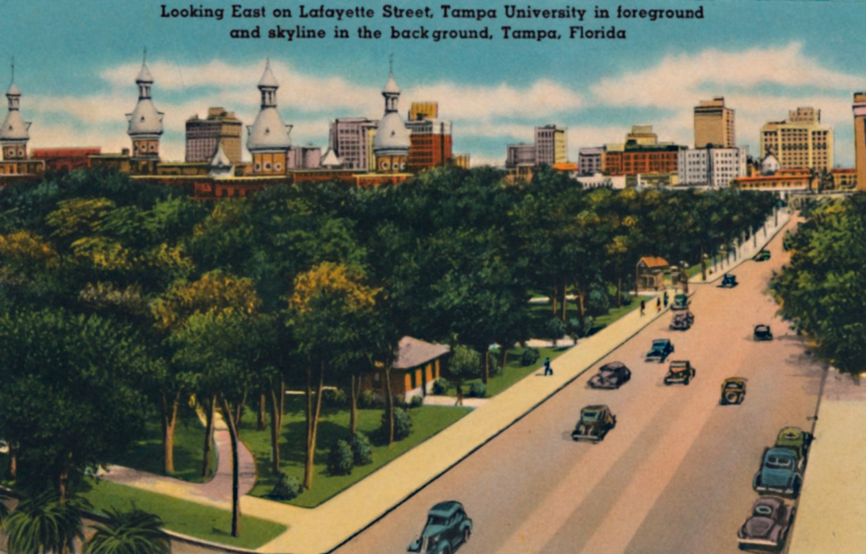Kigger mod øst på Lafayette Street, Tampa University og skyline, Tampa, Florida, c1940