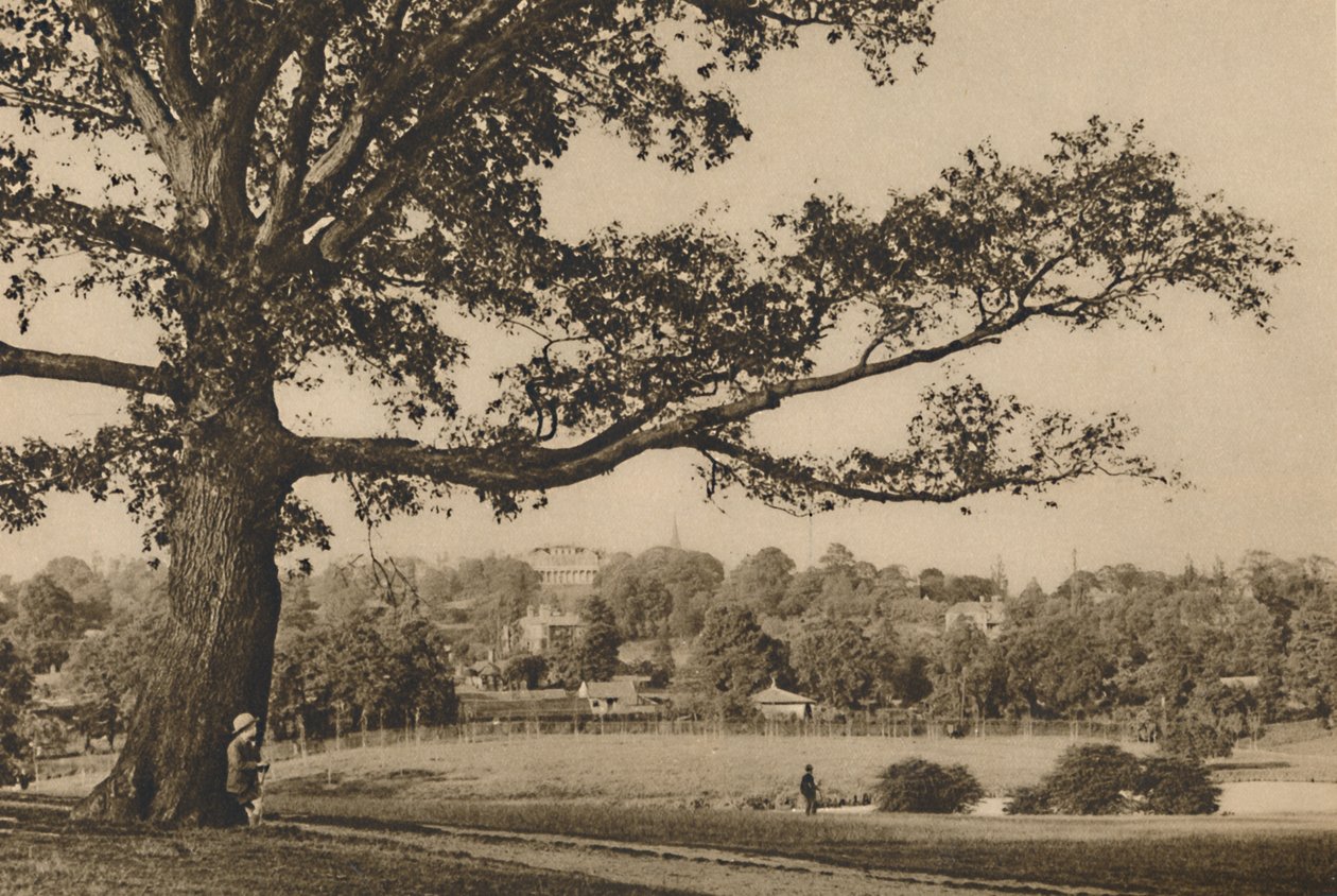 Ser fra de grønne skråninger af Caen Wood mod kirkespiralen i Old Highgate, c1935. af Unbekannt
