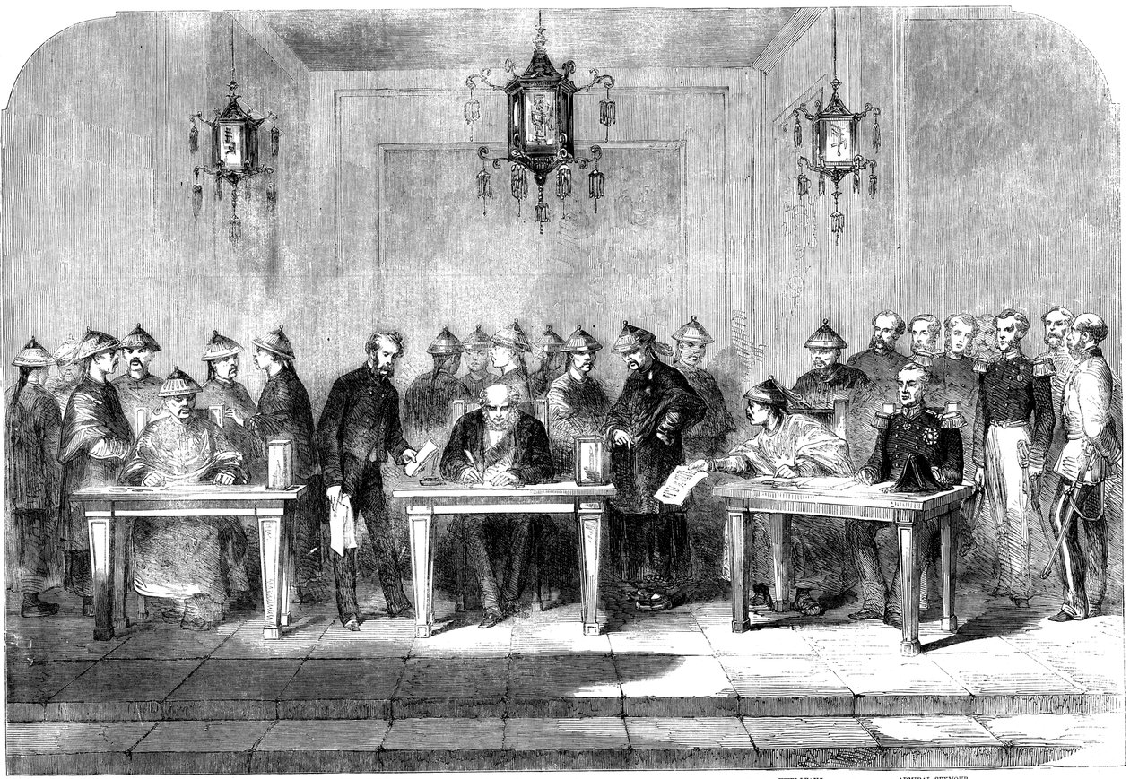 Lord Elgin underskrev Tianjin-traktaten for at afslutte den anden opiumskrig, 1858 af Unbekannt