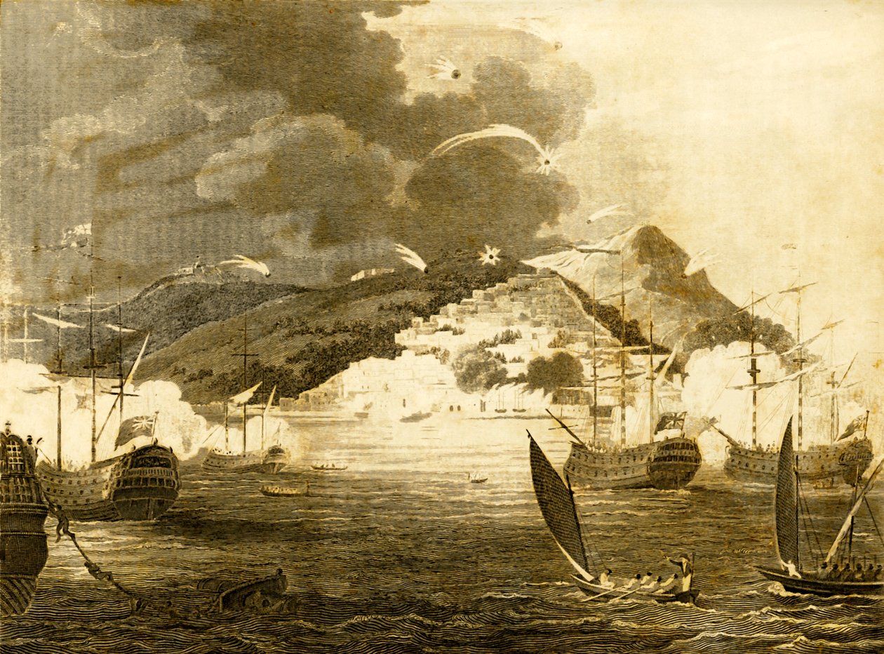Lord Exmouths flåde bombarderer byen Algier, 1816. af Unbekannt