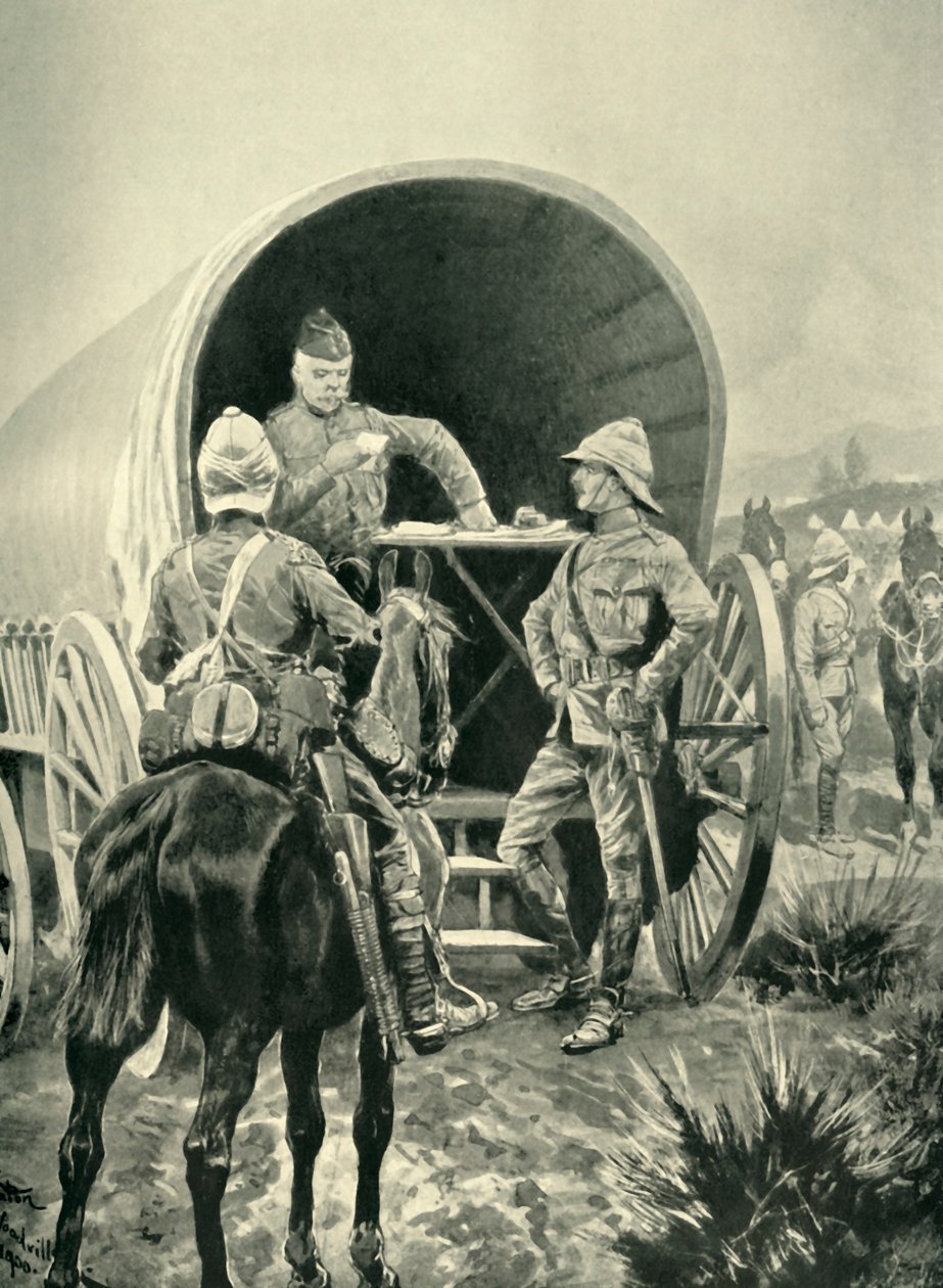 Lord Roberts skriver forsendelser i transportvognen, som han sov i, 1901. af Unbekannt