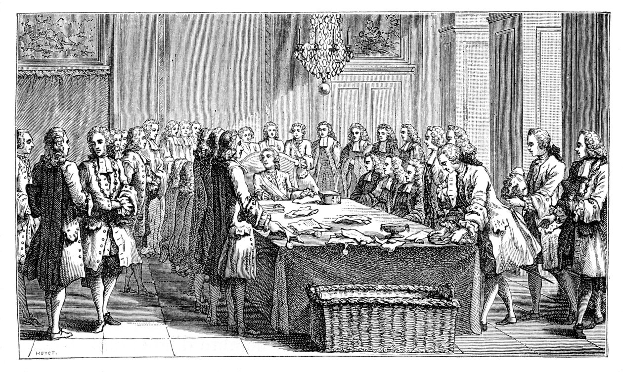 Ludvig XV underskriver den nye traktat, 1757, 1885 af Unbekannt