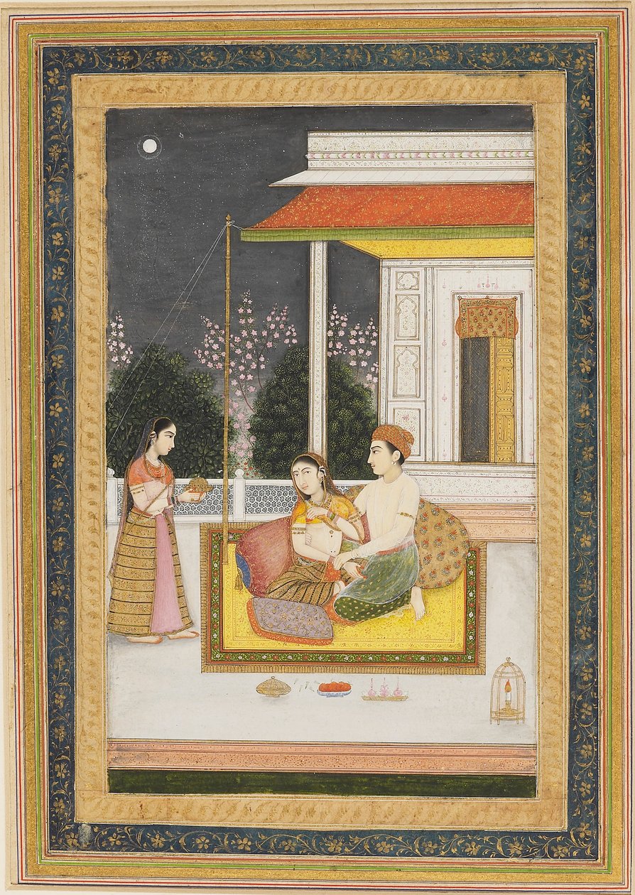 Kærlighedsscene på en terrasse om natten, c1790 af Unbekannt
